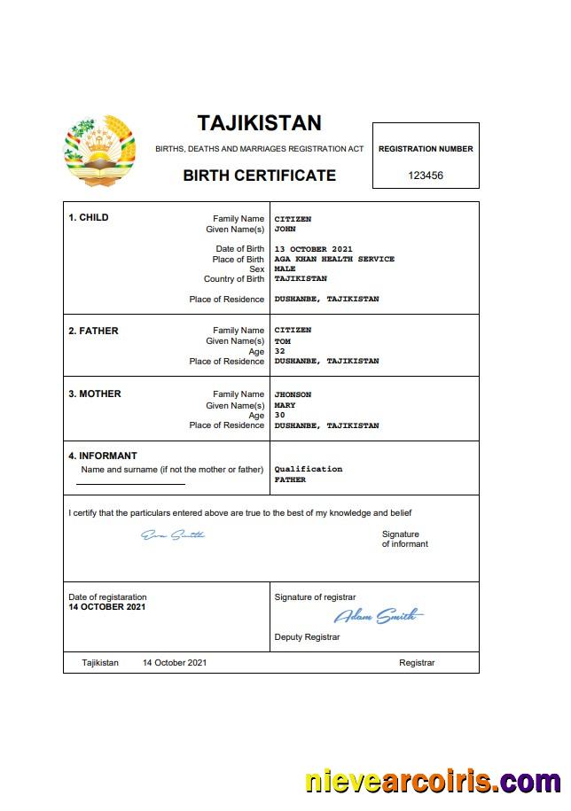Tajikistan vital record birth certificate
